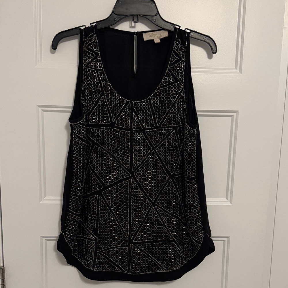 Olive & Oak Black Tank Top with Silver Geometric Beaded Design